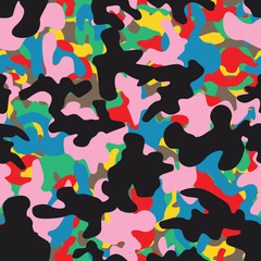 Seamless green pink blue red yellow brown and black camouflage pattern vector