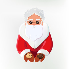 Santa Claus offering cookies. Stylish Santa wearing sunglasses as an element for secret Santa party poster.