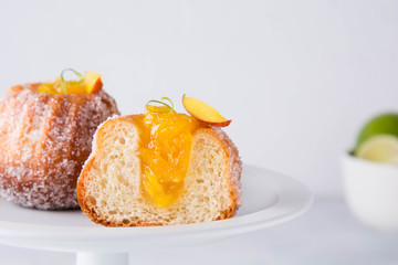 Kuglof with mango and lime. French bakery. Gugelhupf Kugelhopf. Copy space.