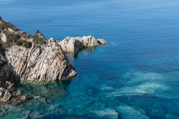 Crystal sea with rocks and cliff