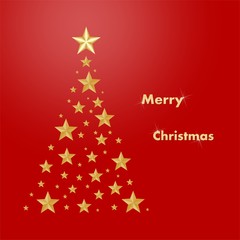 Red Christmas card with a gold Christmas tree composed of gold illuminating stars with a glowing writing Happy Merry Christmas on a red background 