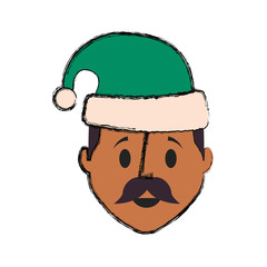 flat line colored man face  with santa hat  over white background  vector illustration