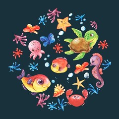 Colorful set of sea animals fish octopus sea Horse tortoises in a circle