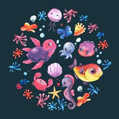Colorful set of sea animals fish octopus tortoises in a circle
