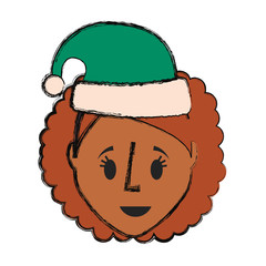 flat line colored  woman face   with santa hat over  white background  vector illustration