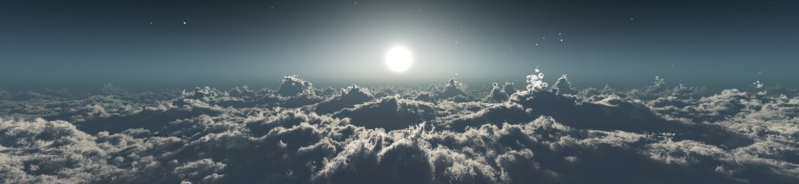 Sun over the clouds, panorama of the sunset over the clouds, banner
