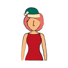 flat line colored  woman  with santa hat over  white background  vector illustration