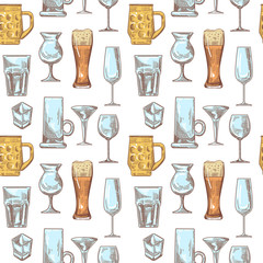 Different Drink Beverage Glasses Seamless Pattern. Stemware Hand Drawn Background. Vector illustration