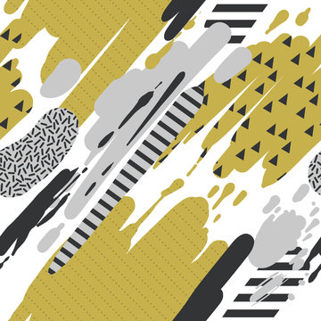 Trendy Seamless Pattern with Brush Strokes in Memphis Style. Abstract Background for Placard, Brochure, Poster, Textule. Vector illustration