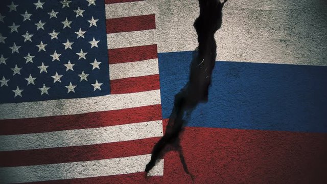 United States vs Russia Flags on Cracked Wall
