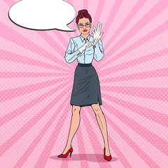 Pop Art Serious Female Inspector Wearing White Gloves. Professional Auditor. Vector illustration