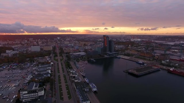 Aerial view of the port of Gdynia in sunset