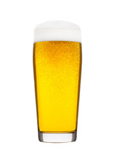 Cold glass of lager beer with foam and bubbles