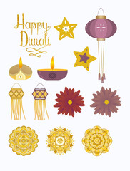 Collection of watercolor Diwali festival objects.