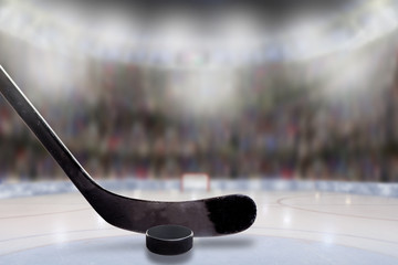 Ice Hockey Stick and Puck in Rink With Copy Space - obrazy, fototapety, plakaty