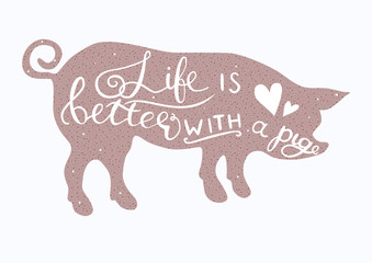 Vector pig silhouette with hand drawn lettering.