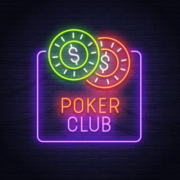 Poker neon sign. Neon sign. Casino logo, emblem and label. Bright signboard, light banner. 