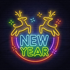 Deer neon sign. Night party. Happy New Year bright signboard, light banner.