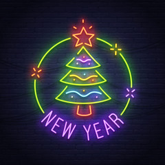 Christmas tree neon sign. Neon sign. New Year banner, logo, emblem and label. Bright signboard, light banner. 