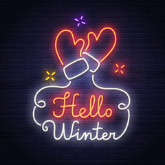 Hello Winter neon sign. Neon sign. Winter Gloves, logo, emblem and label. Bright signboard, light banner. 