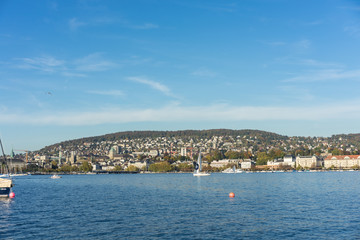 Fototapeta na wymiar lake zurich coast view with blue sky in summer