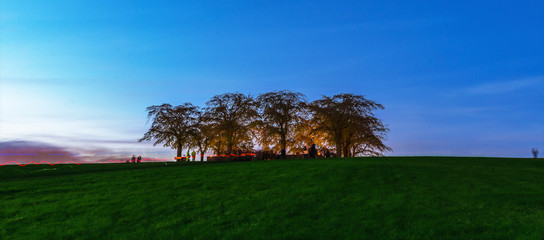 Vivid view of the Woodland cemetary outside of Stockholm with blue evening sky and some motion blur...