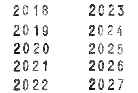 Stamped years with a rubber stamper from 2018 to 2027