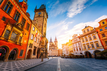 Fototapeta na wymiar Fantastic view of the town Hall and Temple of Our Lady before Tyn in sunlight. Dramatic scene. Location famous place square on Prague, Czech Republic, Europe. Beauty world.
