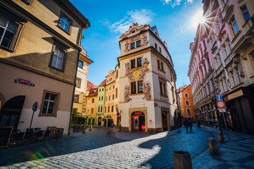 Magnificent views of the narrow Karlova street in the center of Prague in sunlight. Dramatic and picturesque scene. Location famous place (unesco heritage), Czech Republic, Europe. Beauty world.