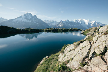 Naklejka na ściany i meble Views of the Mont Blanc glacier with Lac Blanc (White Lake).