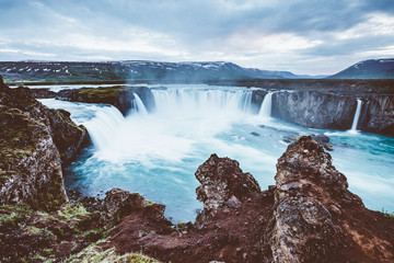 Great view of powerful Godafoss cascade. Location Iceland, Europe.
