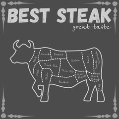 Vintage butcher cuts of beef scheme, for cooking steaks