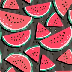 Deurstickers Watermeloen Sappige watermeloenen - trendy naadloze patroon op een donkere achtergrond — Vector van var-chun