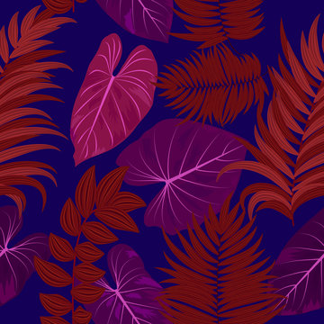 Seamless vector pattern tropical leaves of palm tree.