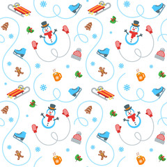 Stoffe zum Nähen Winter Urlaub Musterdesign. Flache Vektor-Illustration. Einfache Objekte verstreut auf weißem Hintergrund. Cartoon-Stil Verpackung Papier-Design. Kinder-Aktivitäten in der kalten Jahreszeit. Bunten Stoff drucken