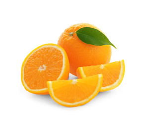 Yummy fresh orange with slices on white background