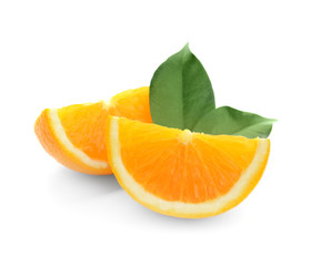 Yummy fresh orange slices on white background