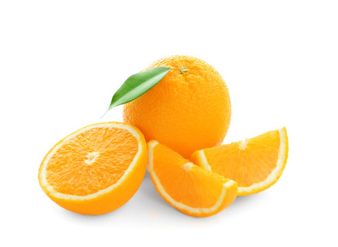 Yummy fresh orange with slices on white background