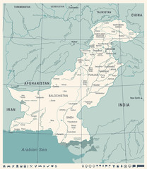 Pakistan Map - Vintage Vector Illustration