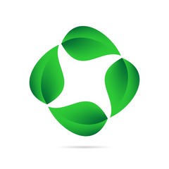 Eco icon from green leaves in a circle on a white background with gray shadow on the bottom. Environmental abstract design natural round shape 