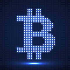 Fototapeta premium Abstract neon sign bitcoin from pixels. Cryptocurrency icon