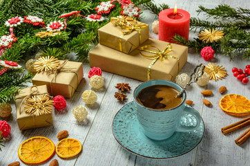 Christmas festive card with fir branches and festive decor