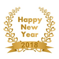 New year greeting card with gold laurel wreath composed of two branches with colorful hearts and stems with a gold ribbon for the 2018 year on a white background 