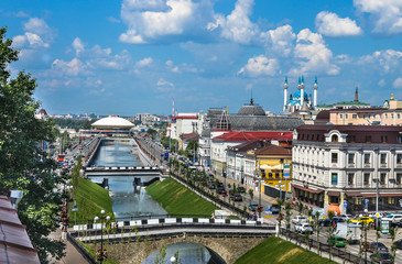 KAZAN, RUSSIA - JUNE 10, 2016: Kazan city scape, Tatarstan Republic, Russia. Shot taken from the rooftop of Kazan city.