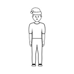 flat line uncolored man with santa hat  sticker ovver white background vector illustration