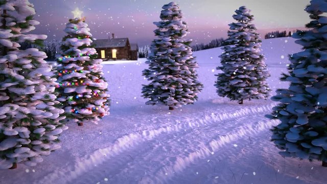 animation of magic winter sunset scene with cottage and christmas tree. 3D render. seamless loop