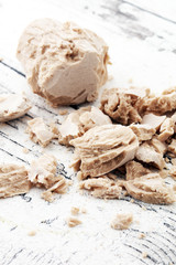 Dry yeast crumbled and yeast block for baking.