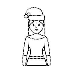 flat line uncolored woman with santa hat over white background  vector illustration