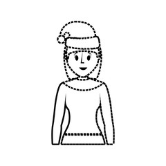 flat line uncolored woman with santa hat over white background  vector illustration