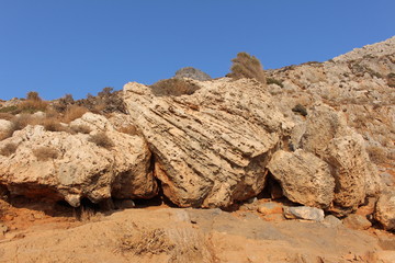 Rough Balos Lagoon (or Balos Beach) trail landscape in northwestern part of Crete Island, Greece. After 10 kms of bumpy car road, about 7 kms of footpath leads to the famous beach.